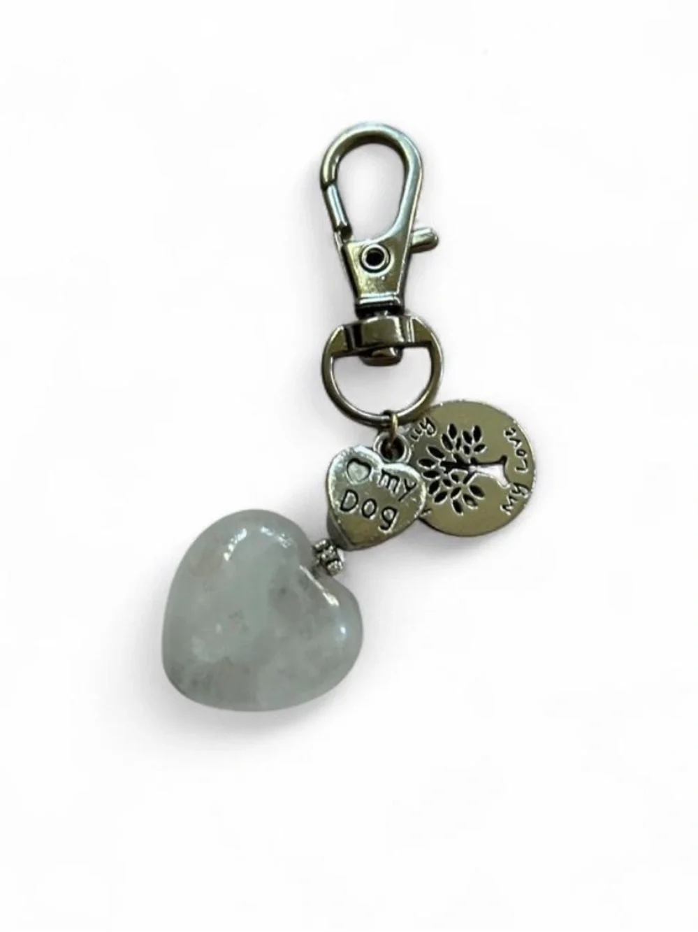 Pale Green Heart Keychain Charm with “My Love.. Dog & Family”